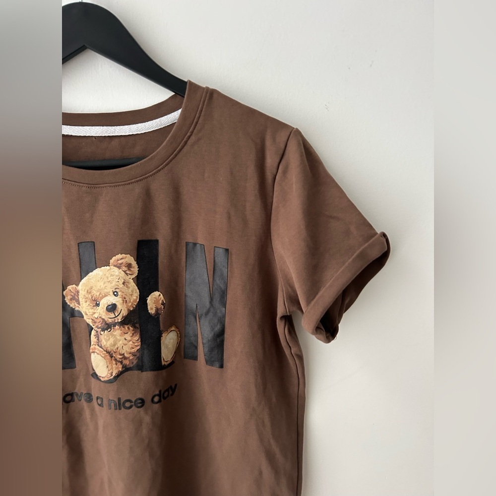 Korean Teddy Bear Graphic T Shirt Brown Cute Kawaii Y2K Baby Tee Size S - Picture 2 of 11